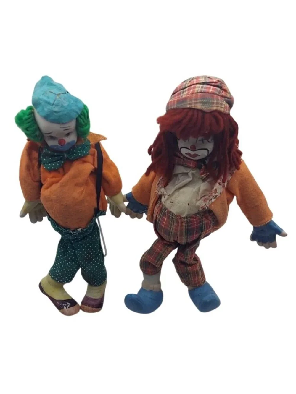 Porcelain Hobo Clown Figurine Doll w/ Display Stand Set of 4 Vintage Collectible